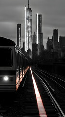 Naklejka premium Train Approaches Illuminated City Skyline at Dusk with Glowing Tracks