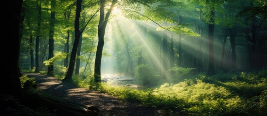 Serene forest scene with vibrant green deciduous trees and sun rays piercing through foliage, creating a warm glow in a tranquil setting.