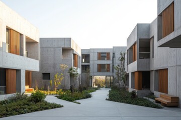 A minimalist apartment complex featuring smooth concrete walls, wooden details, and landscaped pathways