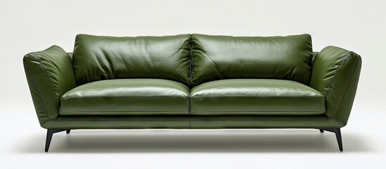 Chic green leather sofa centered in front of a light neutral background with a modern silhouette, enhancing sophisticated interior decor elegance