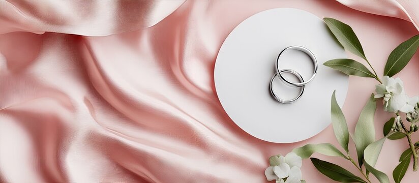 Elegant silver wedding rings atop a white circular plate, positioned centrally on soft pink satin fabric, accented by delicate green leaves and white blooms.