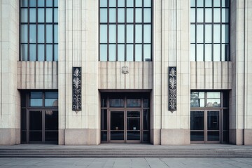 A minimalist art deco building with clean stone surfaces, sleek glass windows, and metallic ornamental details