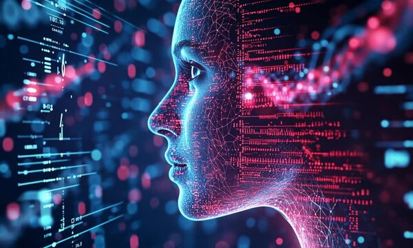 Digital Woman Profile With Glowing Data Streams in Blue and Pink