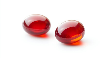 Two red soft gel capsules on a white background, and clearly visible