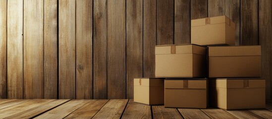 Stack of five brown cardboard moving boxes positioned in the lower right on a textured wooden background with ample copy space on the left
