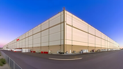 Large Beige Industrial Building Stands Tall Against the Vibrant Blue Sky with Pallets Outside.