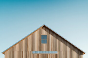 Fototapeta premium A minimalist barn with wooden slats, clean symmetrical shapes, and a sloped metal roof
