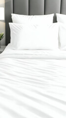 Crisp White Bed Linen Rests on a Made Bed in a Modern Bedroom, Ready for a Restful Sleep.