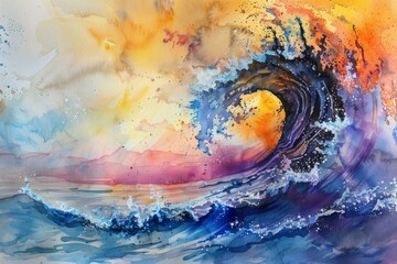 Fototapeta premium Vibrant watercolor painting of a massive wave breaking at sunset, showcasing the power and beauty of nature