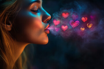 A surreal and dreamlike illustration of a woman exhaling a stream of vibrant, colorful hearts from her mouth