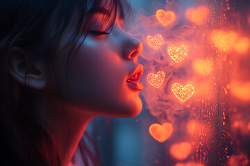 A surreal and dreamlike illustration of a woman exhaling a stream of vibrant, colorful hearts from her mouth