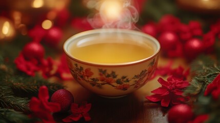 Fototapeta premium A steaming bowl of tea surrounded by festive decorations, including red ornaments and floral accents, creating a warm and inviting holiday atmosphere