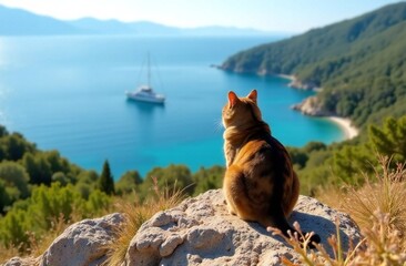 Obraz premium Cat on a rock watching to the sea
