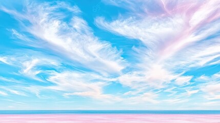 Pink beach, blue sky, fluffy clouds, calm ocean, idyllic landscape, perfect for travel brochures