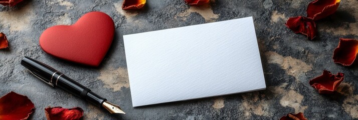 A romantic scene featuring a red heart, scattered rose petals, a blank card, and a fountain pen, perfect for love notes and special messages
