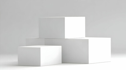 Three White Cubes Form a Minimalist Abstract Sculpture on a Gray Background