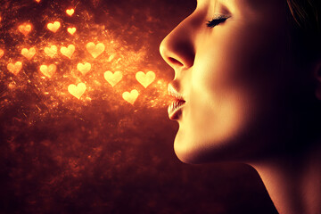 A surreal and dreamlike illustration of a woman exhaling a stream of vibrant, colorful hearts from her mouth