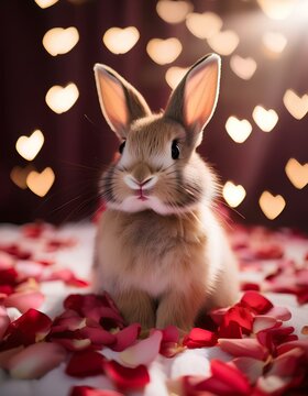 Lovely brown bunny celebrating valentine's day with rose petals and heart-shaped bokeh lights