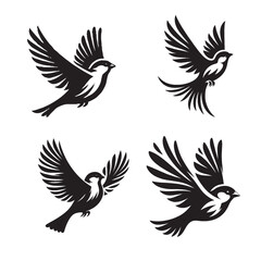 BLACK  Vector Silhouette of a Flying House Sparrow on White Background