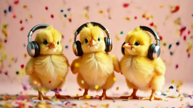 Slow motion Group of funny chickens wearing music headphones listening to music on holiday background. Creative advertising concept of a greeting banner
