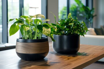 Fototapeta premium Two lush potted plants sit on a wooden table, adding a touch of nature to a contemporary interior