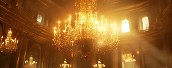 Fototapeta premium Majestic chandelier illuminating luxurious grand hall with warm light