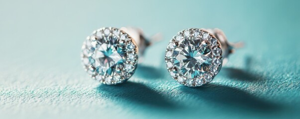 Sparkling round diamond stud earrings on turquoise surface