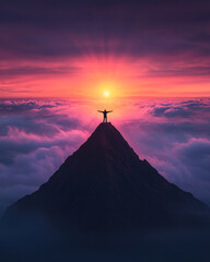 A person standing on a mountaintop with arms wide open, gazing into the distance, capturing the esse