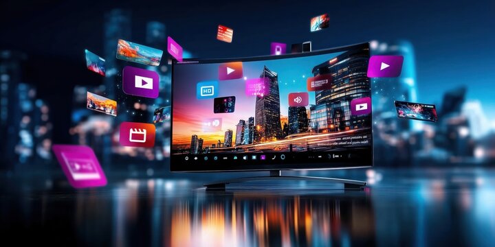 Digital Smart TV media showcase urban cityscape graphic design nighttime aesthetic viewpoint future concept