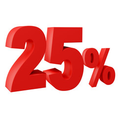 Number 25 of red color 3d sign percent discount on isolated background.red and White on a Transparent Background