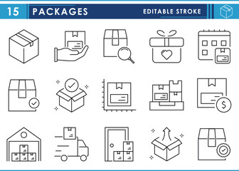 A set of line icons related to Packages. Package, gift, delivery, verified, goods, money, warehouse, and so on. Vector editable stroke.
