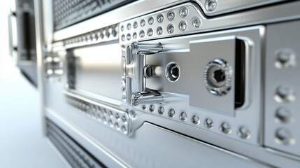 Obraz premium Close-up view of a metallic latch mechanism showcasing intricate details and reflections