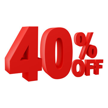 Number 40 percent off red color 3d sign percent discount on isolated background.red and White on a Transparent Background