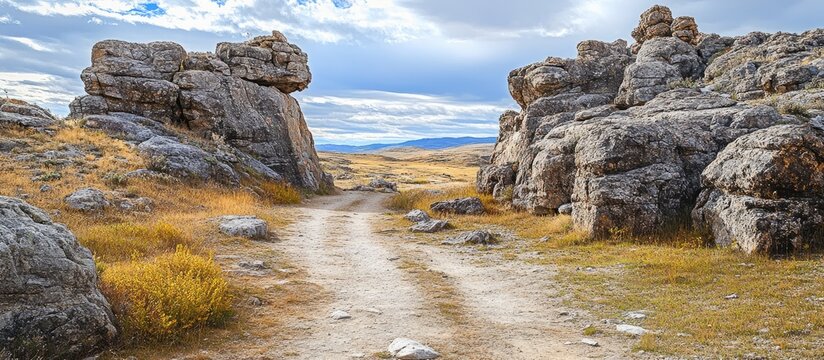 Dirt path winding through rocky cliffs with gray boulders and golden grass under a cloudy sky creates an adventurous exploration scene.