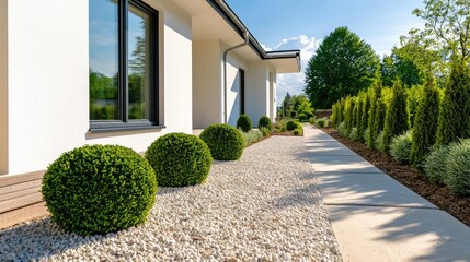Obraz premium Minimalist home concept. Modern landscape design featuring round bushes along a beautiful walkway.