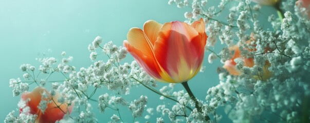 Vibrant orange tulip amidst delicate white baby's breath on turquoise background