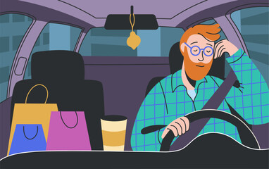 Obraz premium Sleeping driver. Cartoon tired and sleepy man sitting behind the car wheel, drowsy driver dozing off, sleeping driver inside car scene. Vector exhausted person illustration