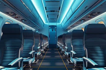 Obraz premium Rows of empty passenger seats are bathed in blue light inside the cabin of an airplane
