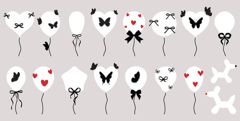 Set of vector balloons various shapes, star, heart and bows, butterflies. Bunch of helium balloons for birthday, party anniversary, wedding. Balloon in cartoon style. Bunch of balloons for birthday