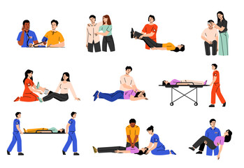 Emergency help. First medical aid CPR training, doctors nurses paramedics aiding with heart massage, rescue reanimation procedures. Cartoon vector aid illustration