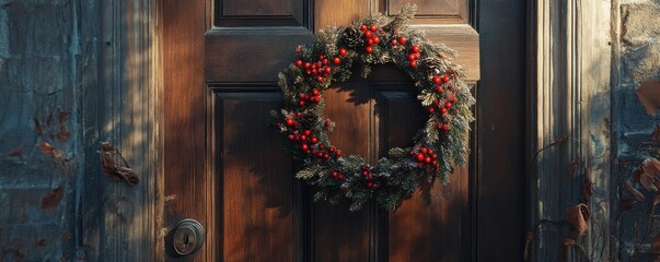 Festive holiday wreath with red berries on rustic wooden door