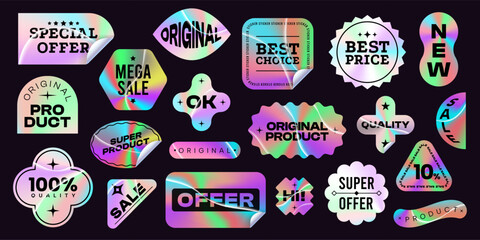 Obraz premium Holographic emblems. Iridescent hologram stickers and stamps and holography badges for product label design, shiny rainbow metal tag gradient geometric shapes. Vector set