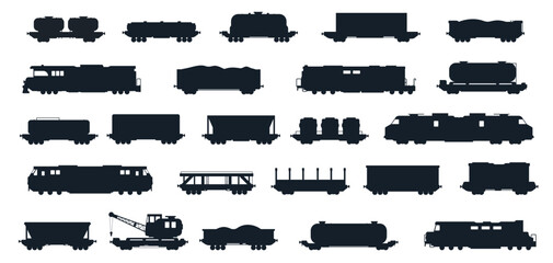 Freight train silhouette. Black railroad cargo locomotive and carriages, industrial railway transportation, coal boxcar tank wagon. Vector isolated set © Tartila