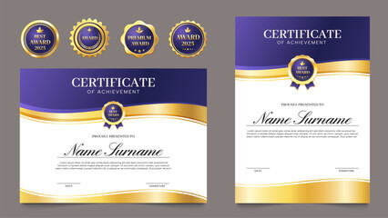 Fototapeta premium Diploma with badge template. Certificate of achievement with golden seal and stamp, award document with luxury border and quality design. Vector set