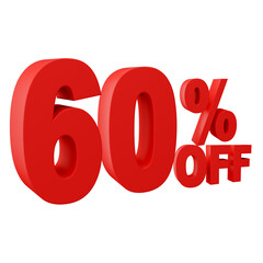 Number 60 percent off red color 3d sign percent discount on isolated background.red and White on a Transparent Background