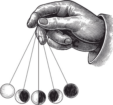 human hand holding pendulum magic with moon phases style engraving hand drawing vector