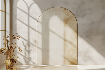 A minimalist Islamic prayer room with a prayer mat and clean arched mihrab shape in soft beige and gold