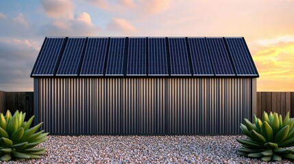 Renewable energy minimalist concept. Modern shed design with corrugated metal exterior, surrounded by desert landscaping.