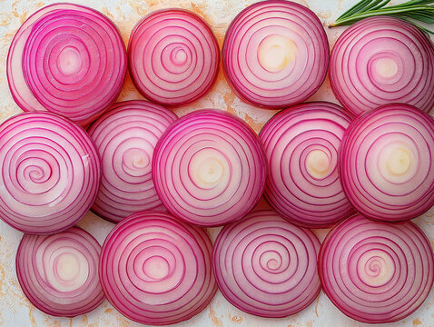 Close-up onion slices top view.