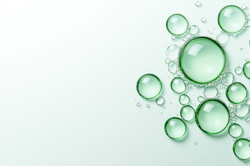 Close-up of translucent green liquid bubbles of different sizes, gently hovering against a pure whit